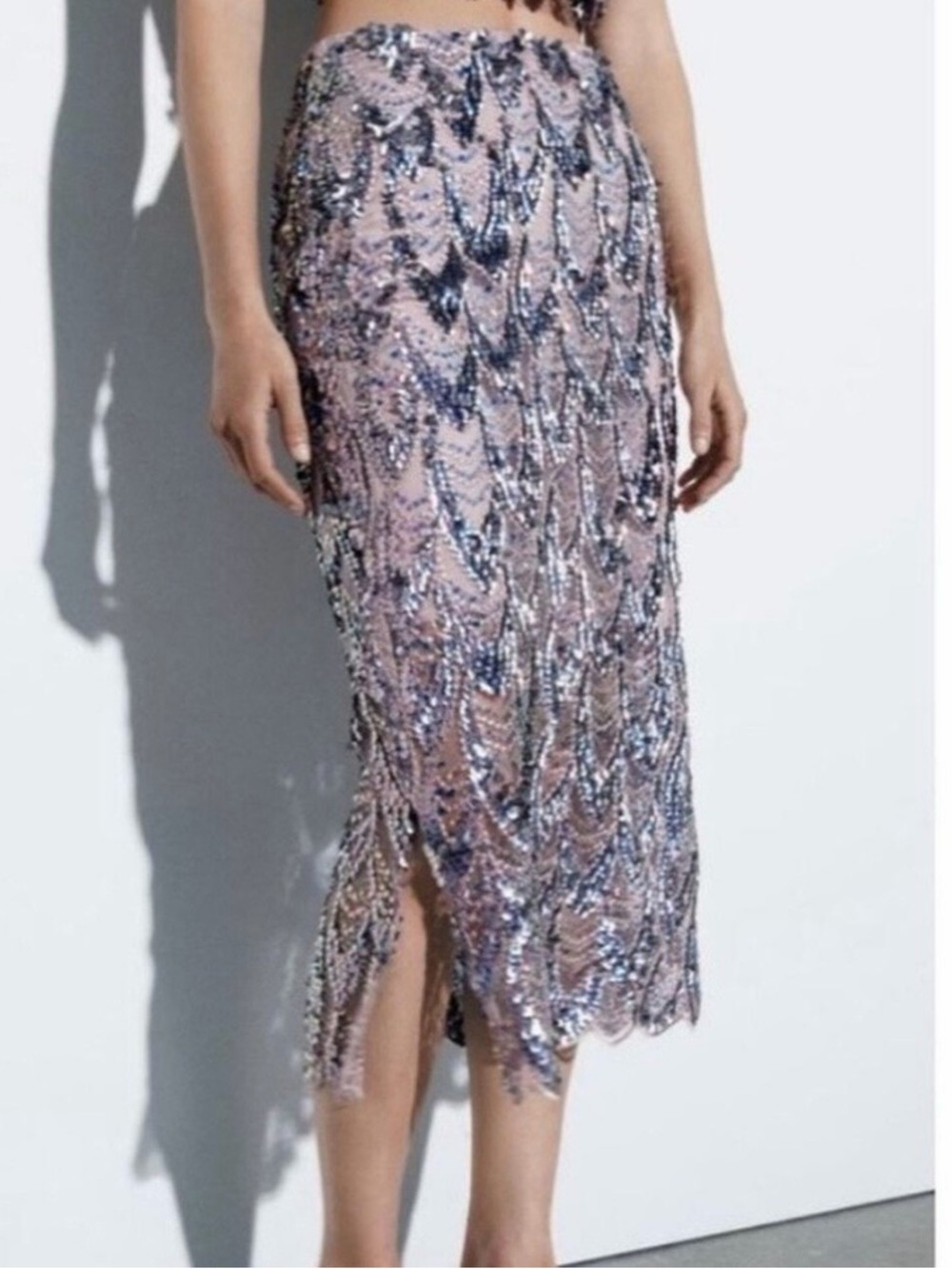 Zara Pink Lilac Sequin-Embellished Midi Skirt